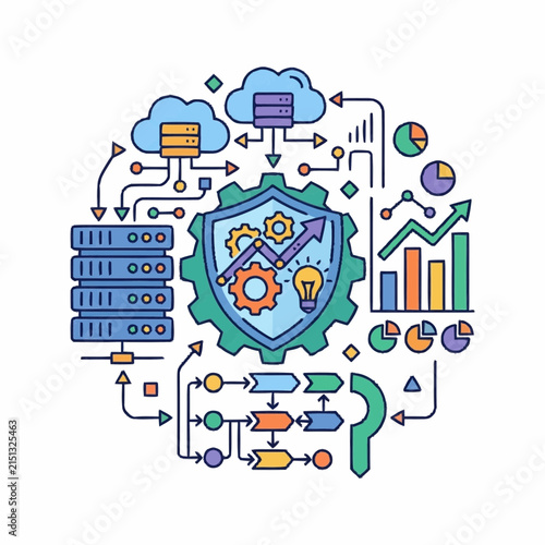 Shield icon containing gears and a lightbulb represents cybersecurity protection and innovative data management strategies for businesses seeking to secure their digital assets and workflows.