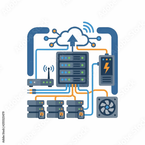 Server racks connect to a central cloud storage system with complex wiring to ensure efficient data management and reliable network communication for modern digital infrastructure needs.