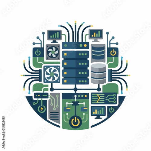 Server rack illustration displays a central hardware unit surrounded by cooling fans, data storage drives, and network cables in a circular composition that represents enterprise infrastructure.