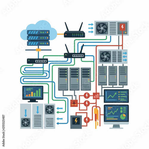 Network infrastructure diagram shows a complex arrangement of cloud storage, routers, server clusters, and cooling units connected by wires in a detailed technical layout for IT systems.