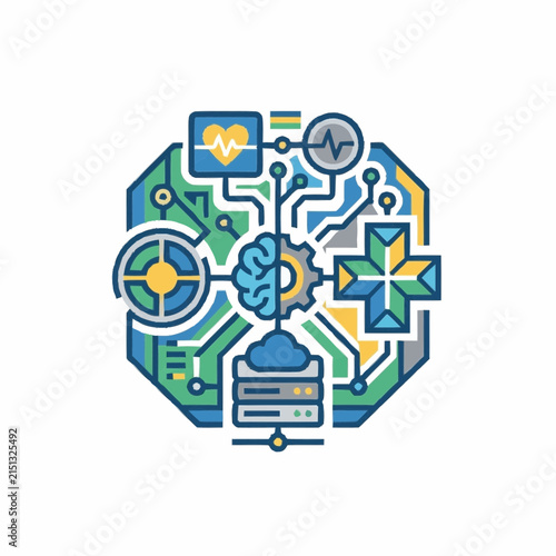 Health technology icon combines a human brain, heartbeat monitor, medical cross, and server storage within a circuit board framework to illustrate advanced digital medical diagnostics.