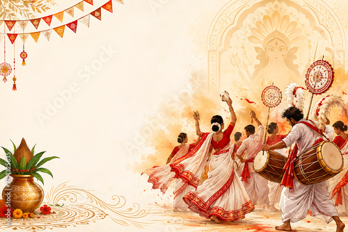 Durga Puja celebration with traditional Bengali dancers, dhak drummer, festive kalash, bunting, ceremonial decorations, and spacious copy area in vibrant watercolor illustration festival poster