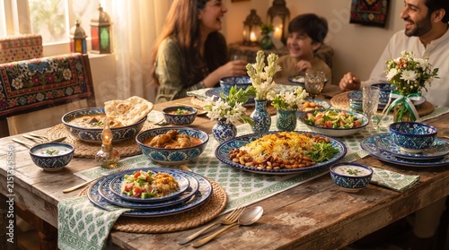 Happy Middle Eastern Family Enjoying Traditional Dinner Together at Rustic Wooden Table