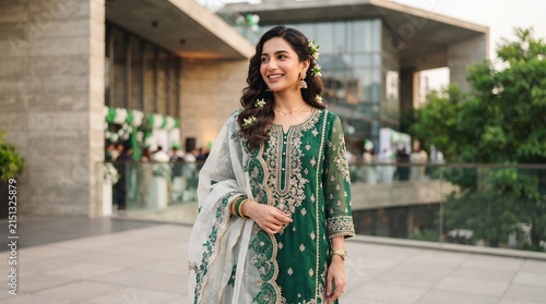 Smiling Woman in Traditional Embroidered Kurta and Dupatta