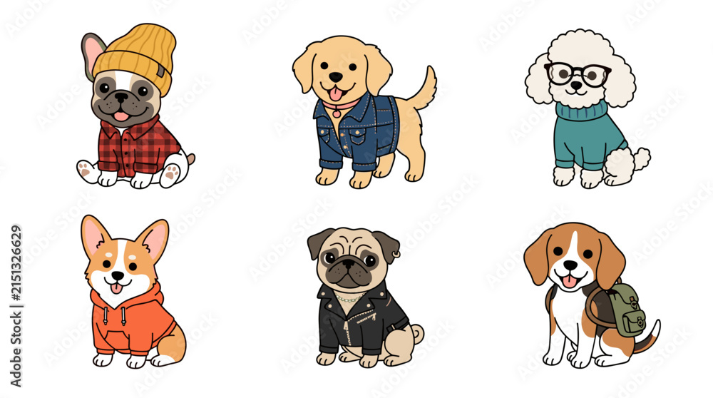 Fototapeta premium Cute Puppies Wearing Human Fashion Clothes with Stylish Outfits and Trendy Accessories for Funny Pet Clothing Graphic Designs