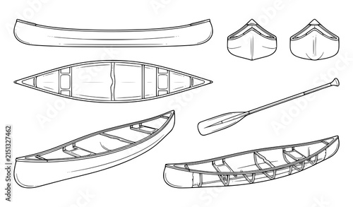 Set of hand drawn canoe illustrations showing different angles and a single wooden paddle for outdoor recreation