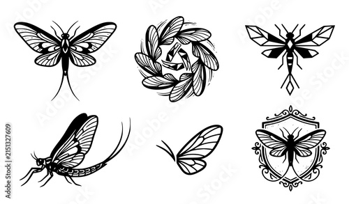 Konstfotografi Set of hand drawn mayfly insect illustrations featuring geometric and ornate dec