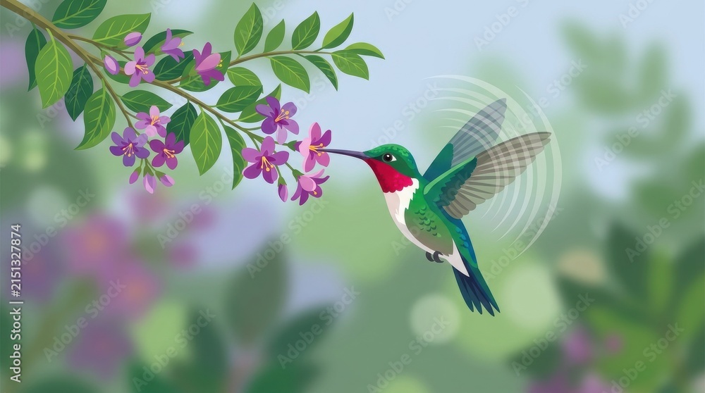 Obraz premium Ruby-throated hummingbird feeding on delicate purple flowers in nature
