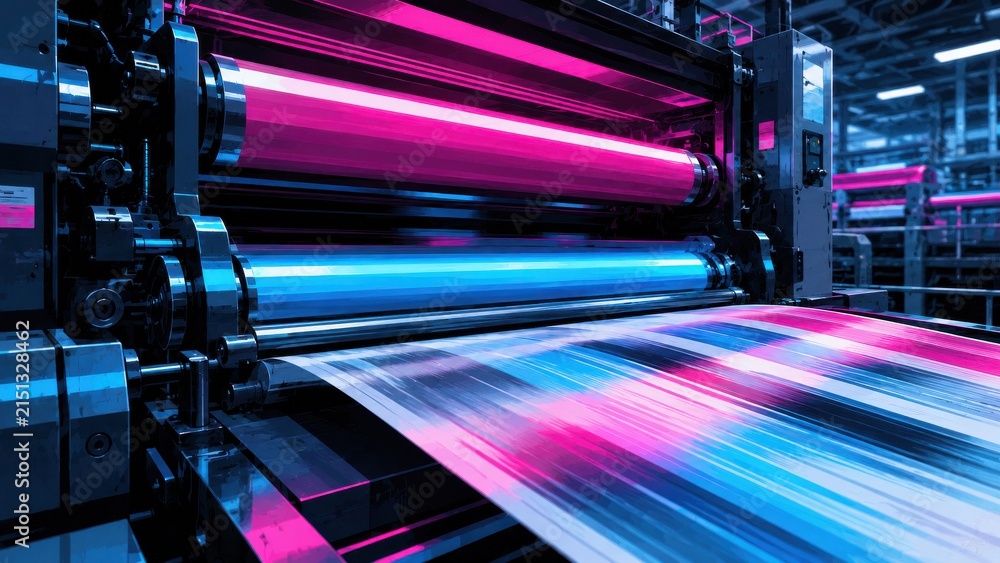 Fototapeta premium High-speed industrial printing machine with vibrant neon rollers and paper feed