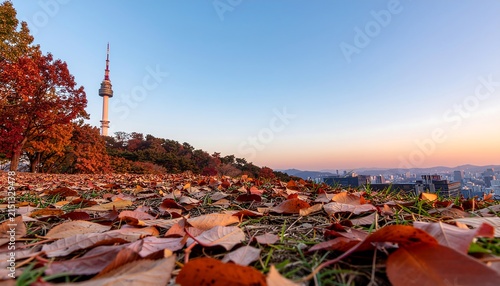 Autumn sunset over historic European cityscape with cathedral.