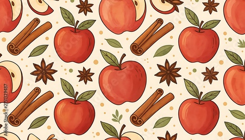 Autumn themed seamless pattern with red apples and cinnamon sticks.