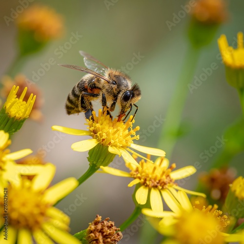 Bee collecting pollen from yellow sunflower in garden.