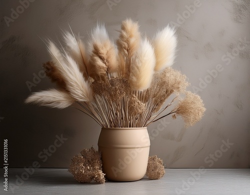 dried flowers beige pot on textured background