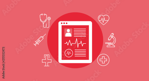 Medical Tablet Displaying Vital Signs Surrounded By Healthcare Instruments And Symbols
