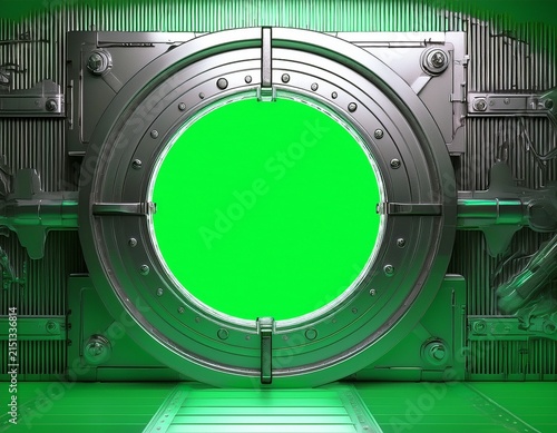metallic vault door open on green screen