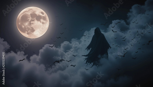 Eerie hooded spirit silhouetted against a luminous full moon, floating above clouds as bats fill the night sky with Halloween mystery.