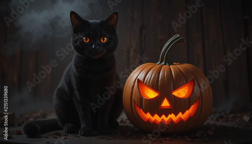 A black cat with glowing orange eyes sits beside an illuminated jack-o'-lantern, creating a spooky Halloween scene filled with mystery and autumn charm.
