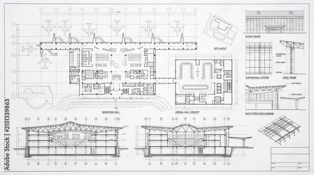 Fototapeta premium Detailed architectural blueprint of modern airplane design with technical annotations and measurements