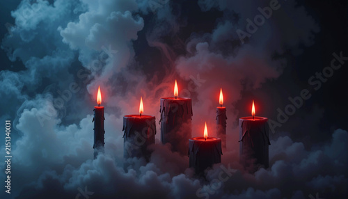 Three dark candles burning with red light amid drifting smoke, delivering a mysterious Halloween atmosphere and generous copy space.