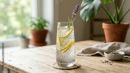 A tall glass of lemon lavender water with chia seeds sits on a wooden table.