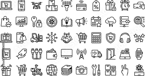 Cyber Monday Line Icons Set - Online Shopping, E-commerce, and Digital Sale Outline Vector