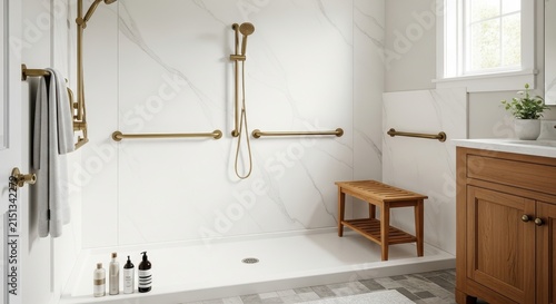 A contemporary walk-in shower area features elegant golden fixtures, supportive handrails for safety, marble wall panels, and a functional wooden seat bench in a beautifully renovated home