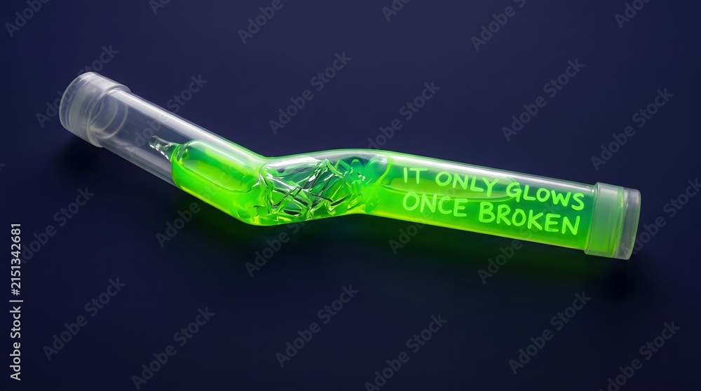 Fototapeta premium A fractured green glow stick emitting bright neon light, serving as a powerful metaphor for how hardship and adversity can unlock hidden inner strength and resilience.