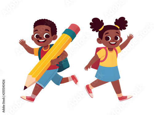 Happy Kids Running to School with Huge Pencil and Book Vector Illustration