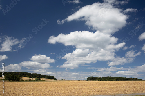 Huge sky with cumulus clouds in athmosphere over farmland