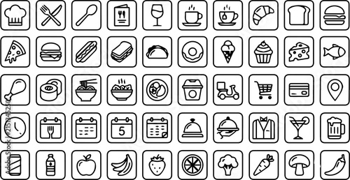 Food and Restaurant Line Icons Set - Fast Food, Drinks, and Dining Outline Vector Collection