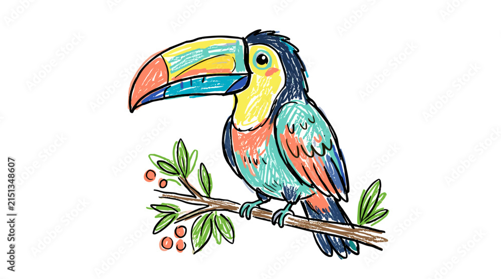 Obraz premium Colorful toucan perched on branch with green leaves and berries