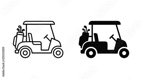Vector illustration of golf cart icon set, outline and solid style on a transparent background