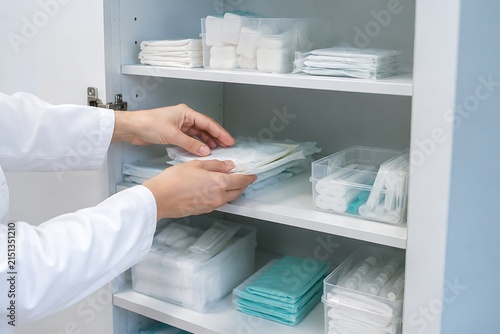 A healthcare professional in a white coat organizing medical supplies on shelves in a hospital storage room