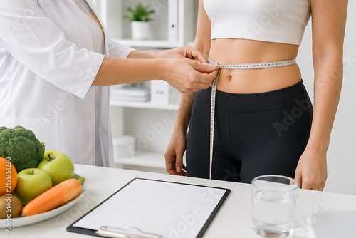 Nutritionist measuring waist circumference of a woman during a consultation in a modern medical clinic office