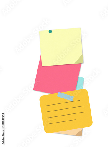 Stack of colorful sticky notes with messages and pins for office reminders and organization on a flat surface to keep track of important daily tasks and creative ideas for work