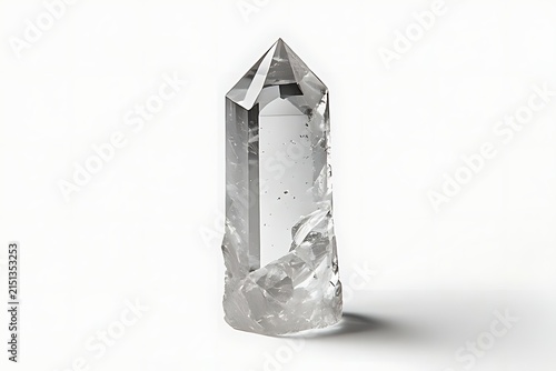 IA generated clear quartz crystal tower obelisk point with natural internal inclusions isolated on a clean white background with soft shadow.