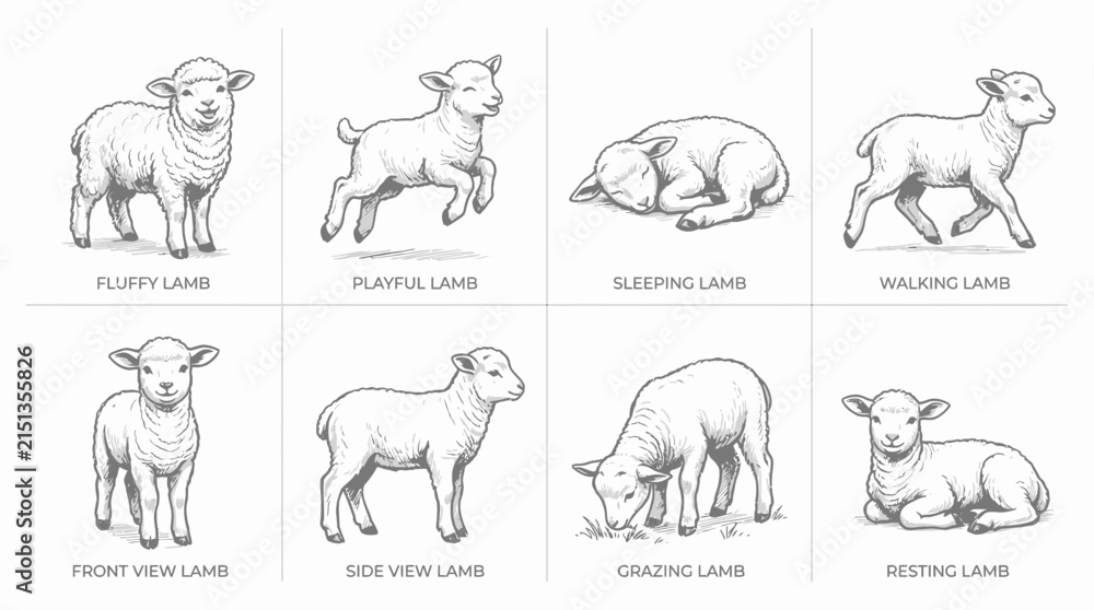 Fototapeta premium Diverse pencil sketch collection of young sheep in multiple natural poses and movements for agricultural illustration and farm animal design