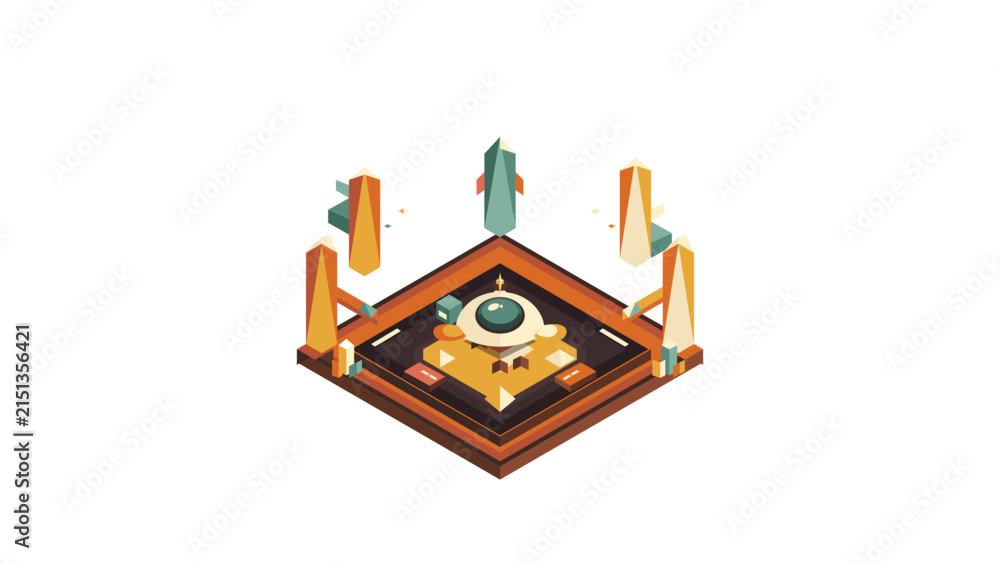 Fototapeta premium Isometric futuristic space station with floating crystal monoliths on white