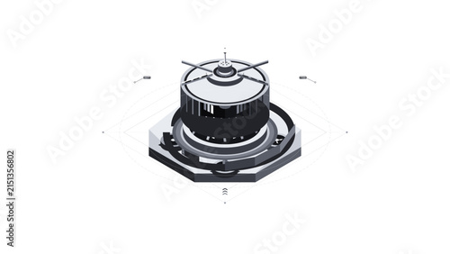 Isometric futuristic machine engine HUD element with technical blueprints