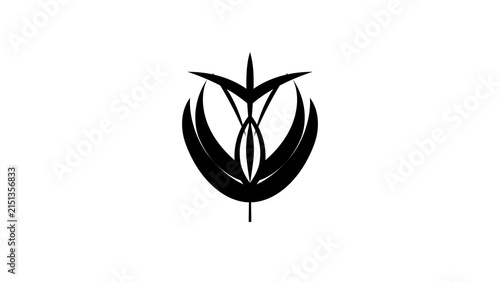 Minimalist black abstract floral symbol on a solid white background