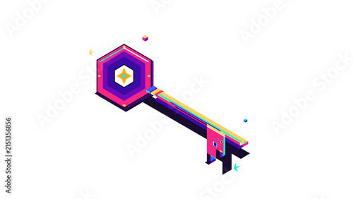 Colorful isometric key graphic with geometric hexagon head and bright neon tones