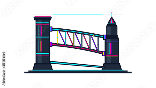 Modern tower bridge vector flat design with colorful neon lines and dark structures against white background