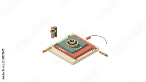 Isometric 3d vector machine mechanism with levers and dials on white background