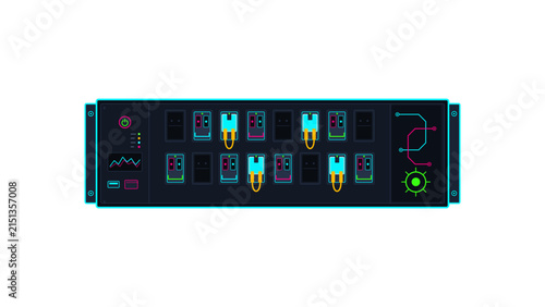 Network Server Rack with Glowing Neon Interface and Patch Cables