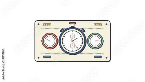 Vintage stopwatch timer instrument with multiple dials in retro style flat vector