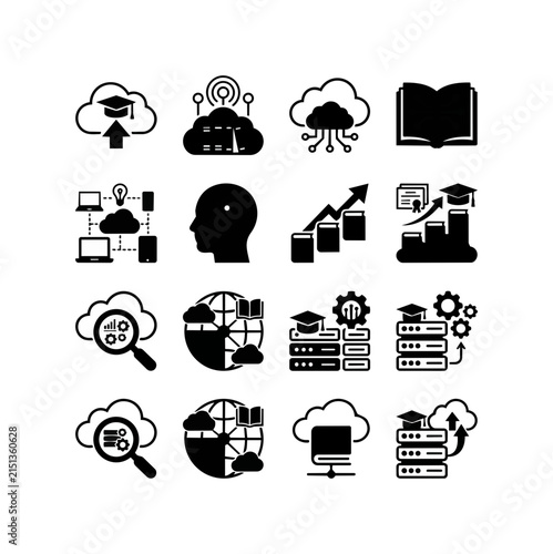 Digital education technology and cloud computing icons collection