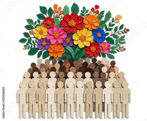 Colorful floral arrangement growing from diverse group of wooden human figures illustration
