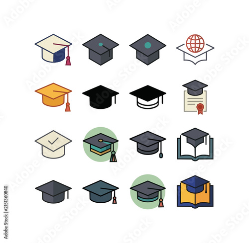 Graduation cap icons set diverse academic achievement symbol
