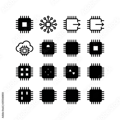 Integrated circuit chip icons data processing and technology concepts