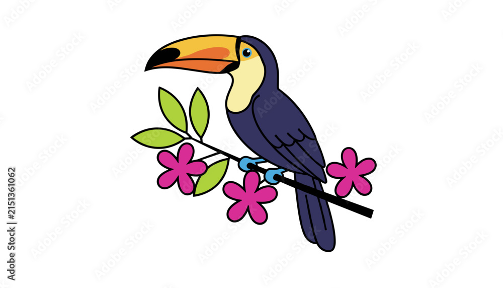 Obraz premium Cute toucan bird perched on a flowering branch with pink blossoms.